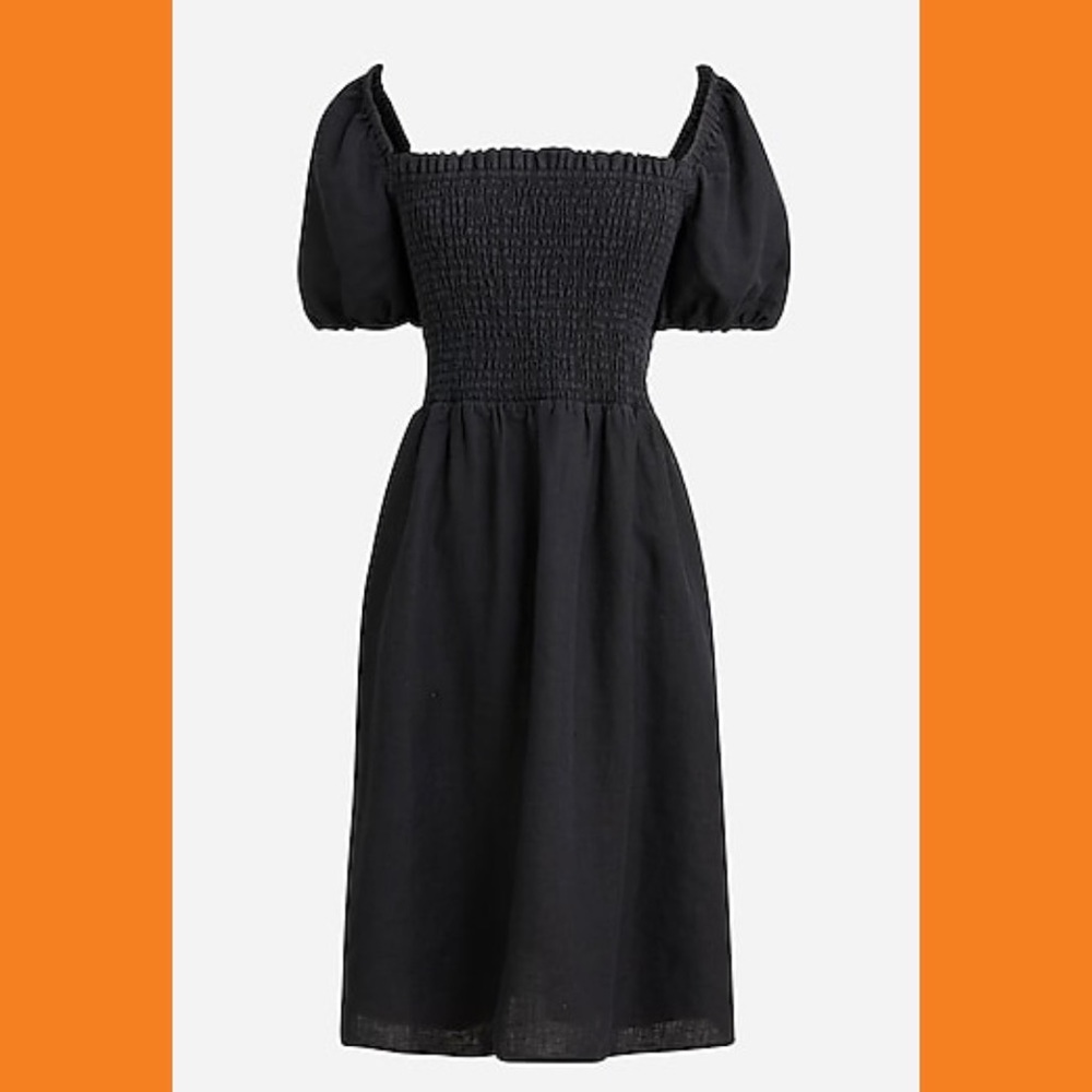 Puff-sleeve smocked linen mini dress NWT